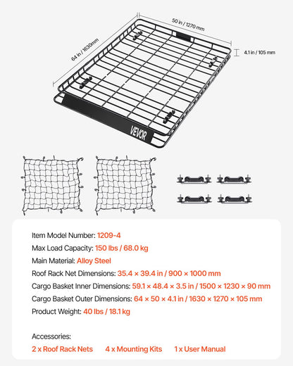 Takräckekorg, 64 x 50 x 4,1 tum, universell taklasthållare med två 35,4 x 39,4 tum lastnät, max 150 lbs takbagagehållare, 4,1 tum staket, rostskyddsstål, för SUV lastbil bil