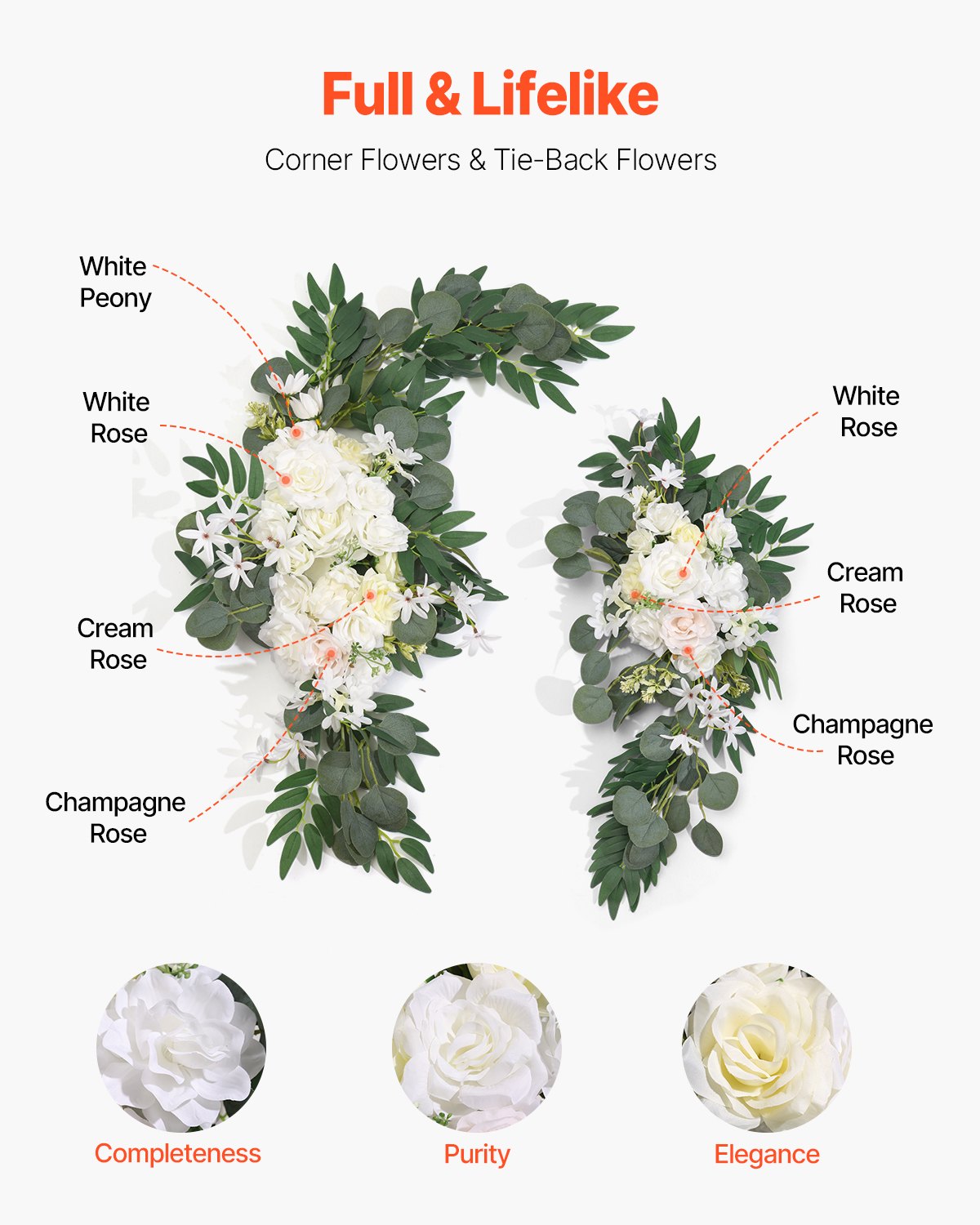 Konstgjorda bröllopsblommor, vita bröllopsblommor med draperier (3-pack) - 2 st blomsterarrangemang, 1 st transparenta draperier, för ceremonibuketter, mottagningsbakgrundsdekoration