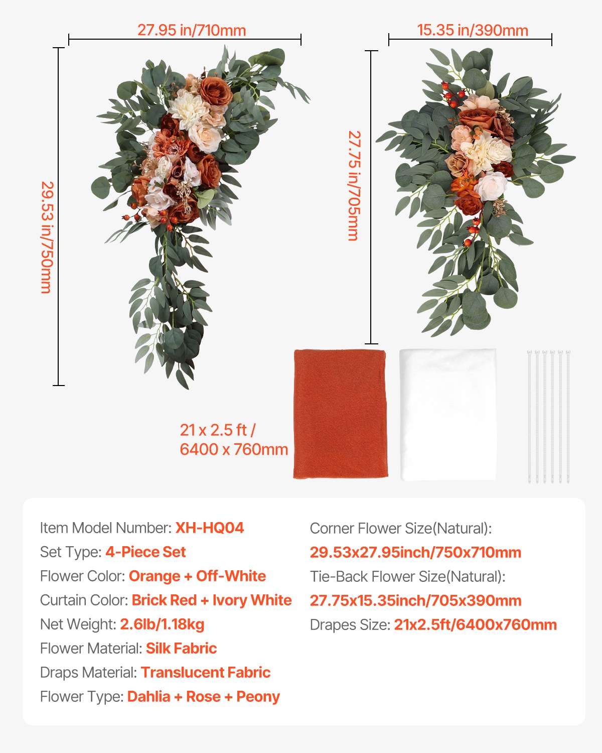 Konstgjorda bröllopsblommor, orange bröllopsblommor med draperier (4-pack) - 2 st blomsterarrangemang, 2 st transparenta draperier, för ceremonibuketter, mottagningsbakgrund