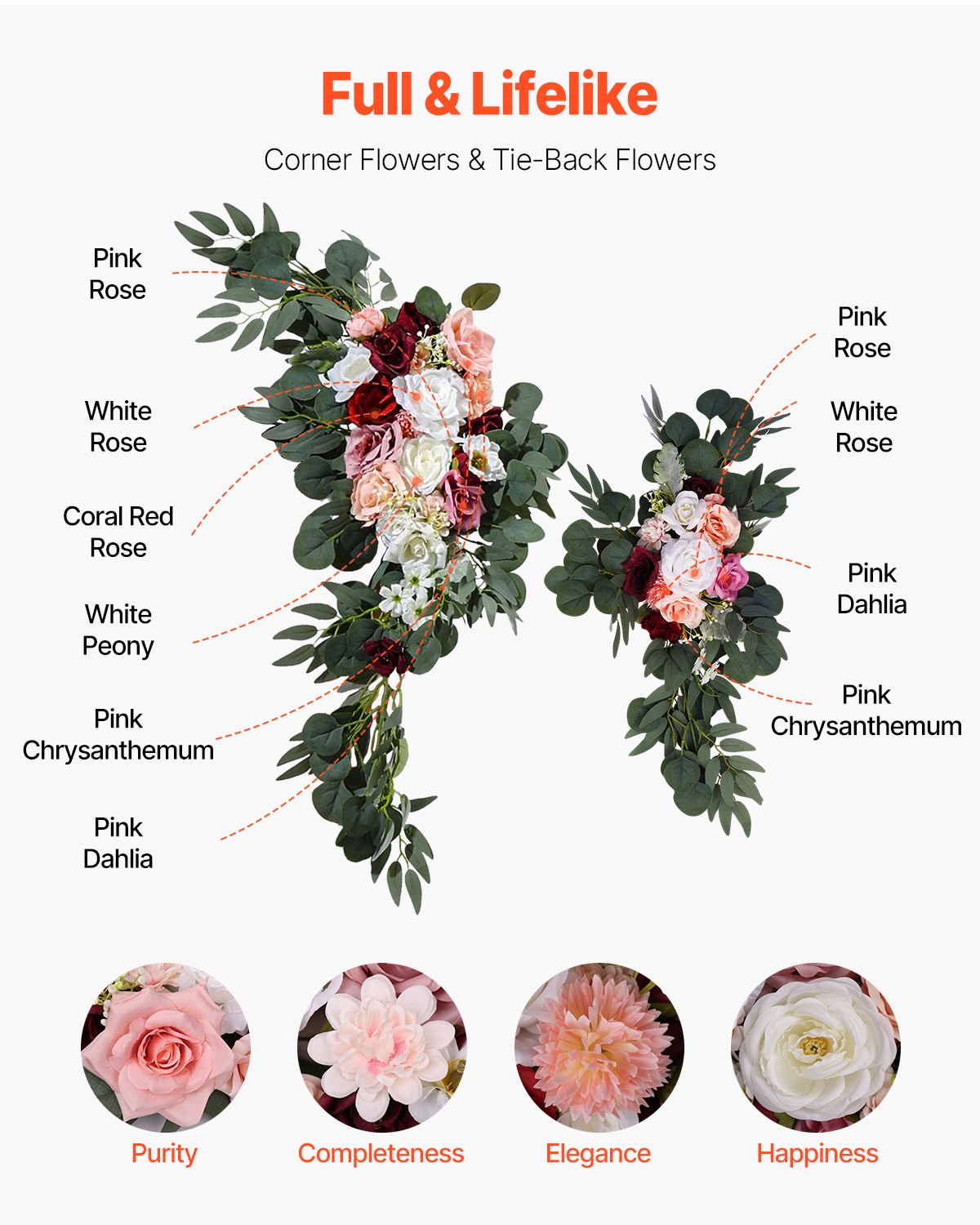 Konstgjorda bröllopsblommor, rosa bröllopsblommor med draperier (4-pack) - 2 st blomsterarrangemang, 2 st transparenta draperier, för ceremonibuketter, mottagningsbakgrundsdekoration