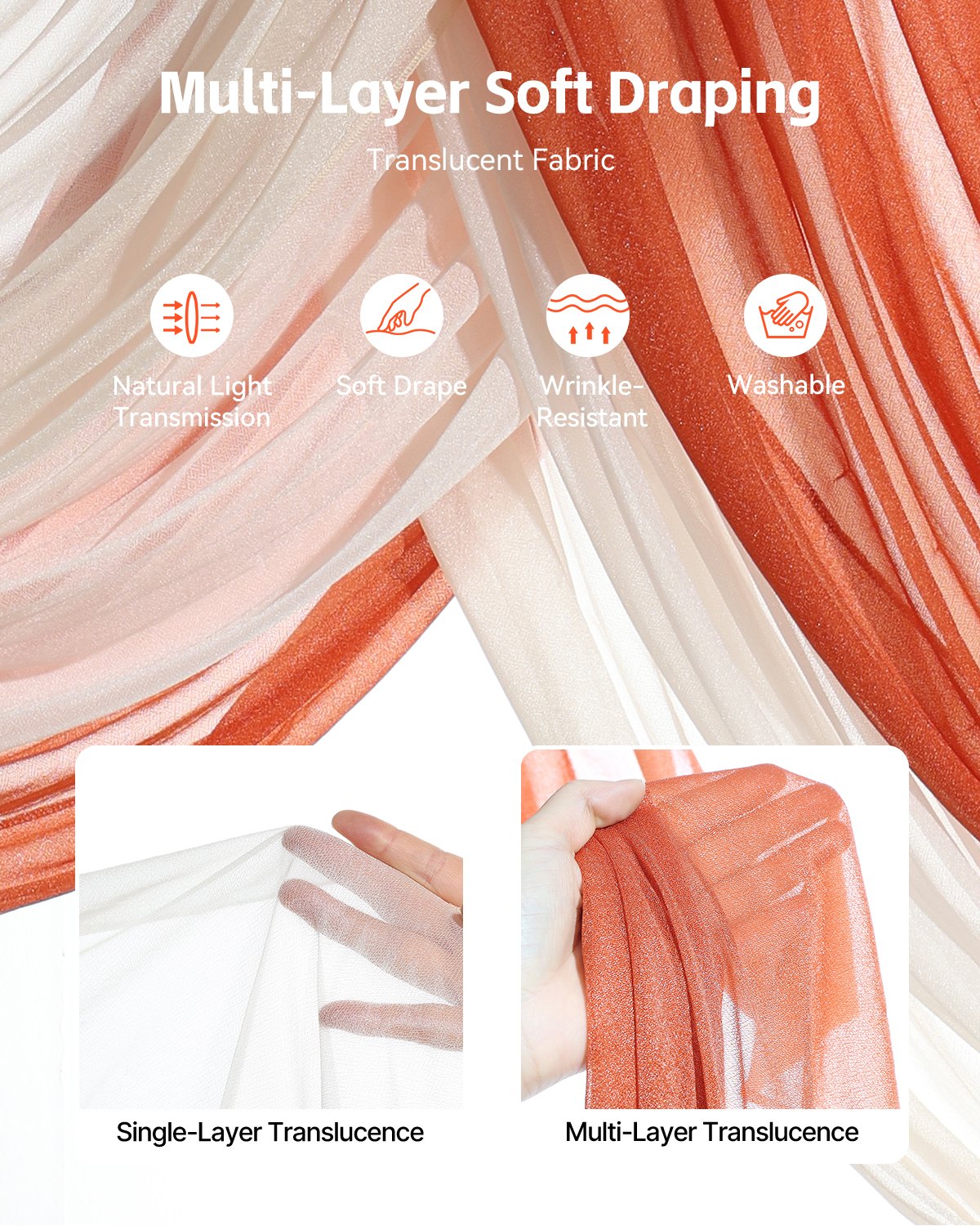 Konstgjorda bröllopsblommor, orange bröllopsblommor med draperier (5-pack) - 2 st blomsterarrangemang, 3 st transparenta draperier, för ceremonibuketter, mottagningsbakgrundsdekoration