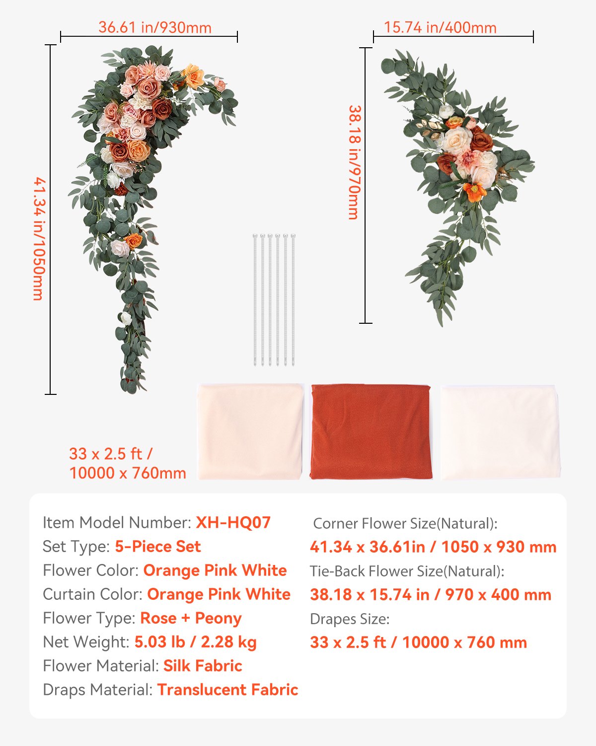 Konstgjorda bröllopsblommor, orange bröllopsblommor med draperier (5-pack) - 2 st blomsterarrangemang, 3 st transparenta draperier, för ceremonibuketter, mottagningsbakgrundsdekoration