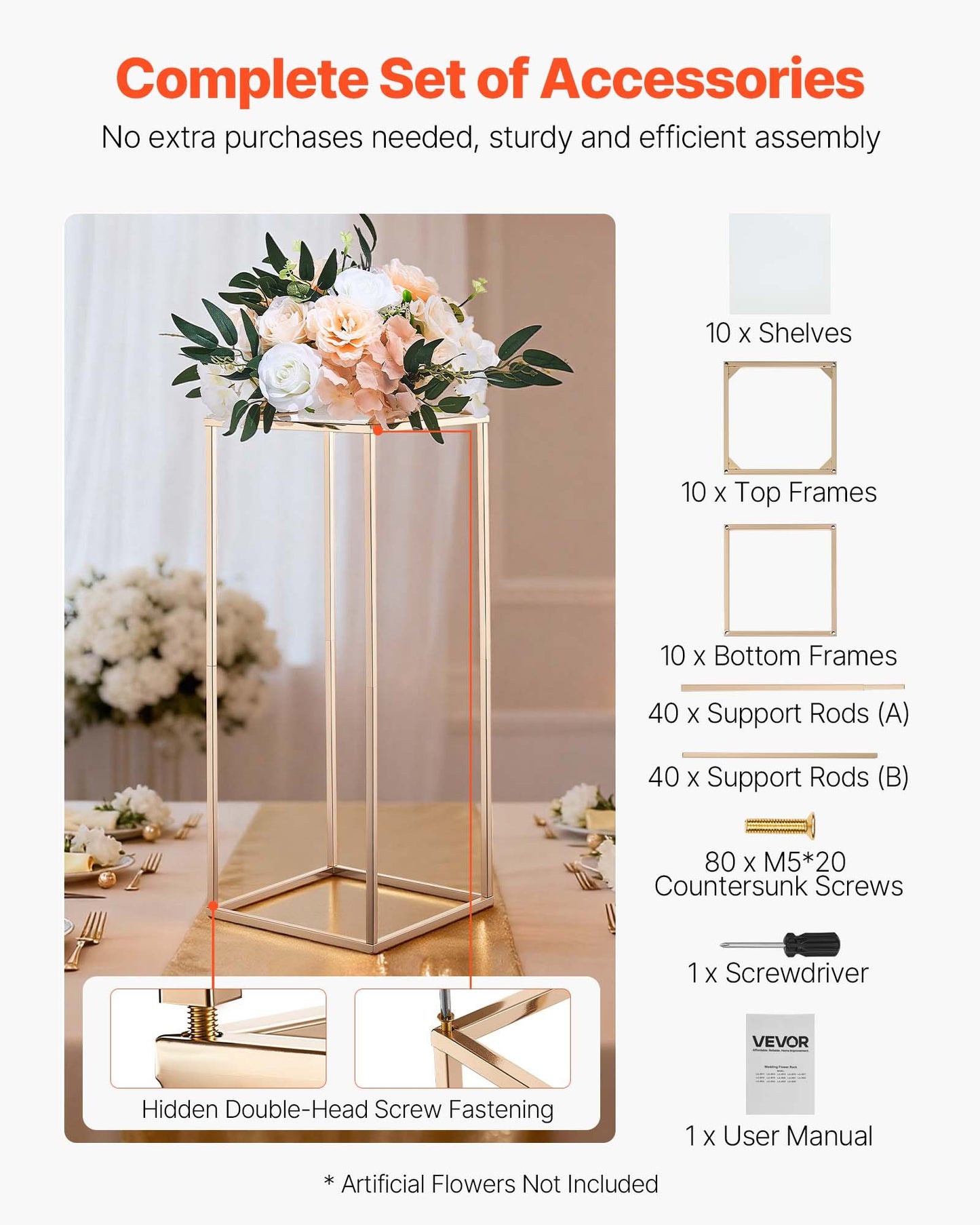 Wedding Flower Stand, 10PCS 60cm Column Flower Stand, Floral Stands with Acrylic Laminate, Gold Rectangular Floral Display Rack for Wedding, Party, Birthday, Home, Gold Centerpiece Stands