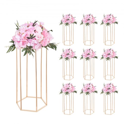 Wedding Flower Stand, 10PCS 60cm Column Flower Stand, Floral Stands with Acrylic Laminate, Hexagonal Cubic Floral Display Rack for Wedding, Party, Birthday, Home, Gold Centerpiece Stands