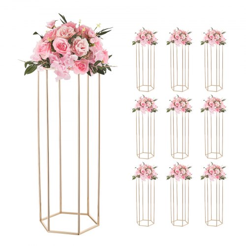 Wedding Flower Stand, 10PCS 80cm Column Flower Stand, Floral Stands with Acrylic Laminate, Hexagonal Cubic Floral Display Rack for Wedding, Party, Birthday, Home, Gold Centerpiece Stands
