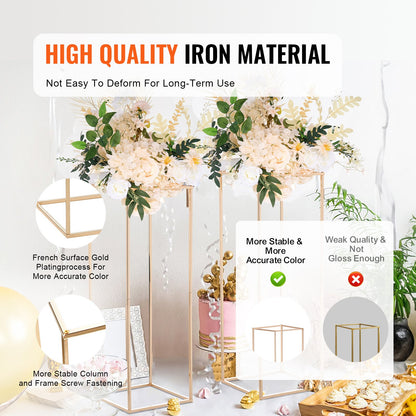 2 st 31,5 tum/80 cm höga bröllopsblomställ, metallvaspelare geometriska mittpunktsställ, guldfärgat rektangulärt blomsterställ för T-scen evenemang mottagning, festdekoration hem