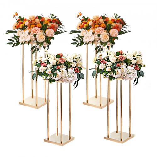 4 st guldfärgade metallpelare för bröllopsblommor, 80 cm höga med metalllaminat, geometriska vasställ för mittpunkten, cylindriska blomsterställ för evenemangsmottagningar, festväggar