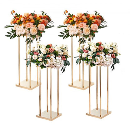 4 st guldfärgade metallpelare för bröllopsblommor, 80 cm höga med metalllaminat, geometriska vasställ för mittpunkten, cylindriska blomsterställ för evenemangsmottagningar, festväggar