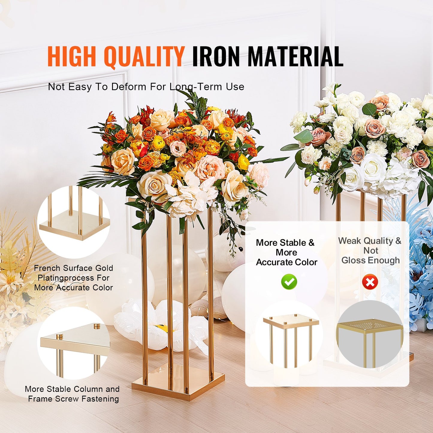 4 st guldfärgade metallpelare för bröllopsblommor, 80 cm höga med metalllaminat, geometriska vasställ för mittpunkten, cylindriska blomsterställ för evenemangsmottagningar, festväggar