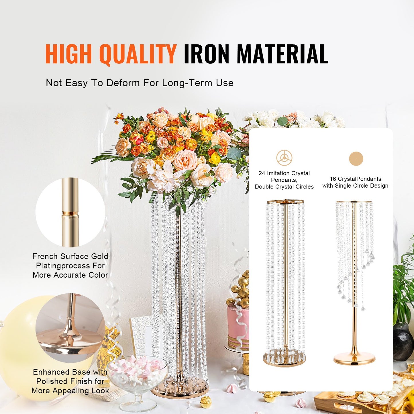 2 st 35,43 tum / 90 cm höga kristallblommor i brudstil, lyxiga bordsdekorationer, blomvaser, kristall, guldvas, metall, perfekt för T-scen, bröllopsfest, ceremoni, middag, evenemang, hotell, heminredning