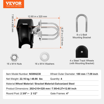 Skjutgrindssats, rullgrindssats med U-format hjulspår för konsolskjutgrindar och rullportar, skjutgrindsrullar, 4 spårhjul med skydd, kraftig glidrulle, svart