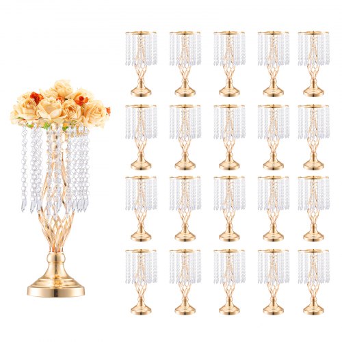 20 st 43 cm/16,9 tum höga kristallblommor för bröllop, metallvas för bröllopsbord, guldfärgade blomställningar för blomsterdisplay för bord, bröllopsmiddag, ceremoni, födelsedagsdekoration