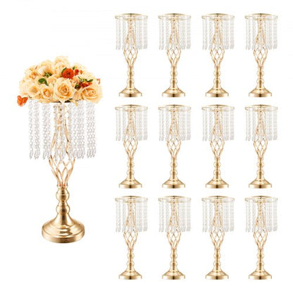 12 st 49 cm/19,3 tum höga kristallblommor för bröllop, metallvas för bröllopsbord, guldfärgade blomställningar för blomsterdisplay för bord, bröllopsmiddag, ceremoni, födelsedagsdekoration