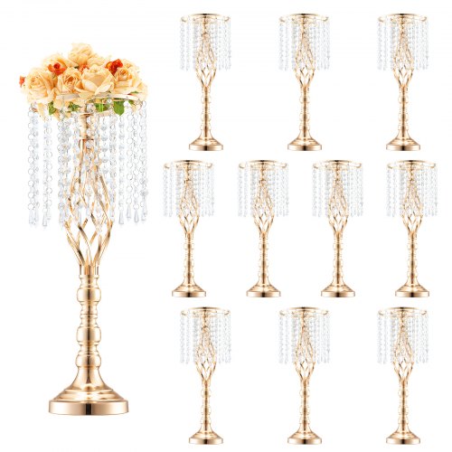 10 st 55 cm/21,65 tum höga kristallblommor för bröllop, metallvas för bröllopsbord, guldfärgade blomställningar för blomsterdisplay för bord, bröllopsmiddag, ceremoni, födelsedagsdekoration