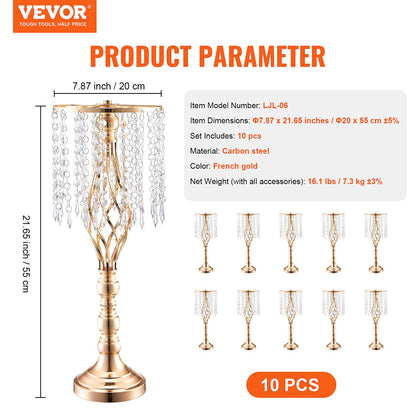 10 st 55 cm/21,65 tum höga kristallblommor för bröllop, metallvas för bröllopsbord, guldfärgade blomställningar för blomsterdisplay för bord, bröllopsmiddag, ceremoni, födelsedagsdekoration