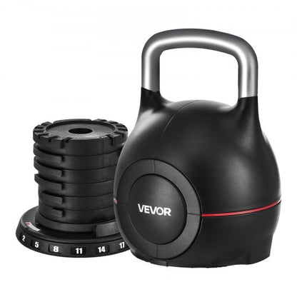 Kettlebell, justerbar kettlebell med 7 viktnivåer (2, 5, 8, 11, 14, 17, 20 kg), gjuten aluminium och hållbart ABS-material, för styrketräning, helkroppsträning och crosstraining