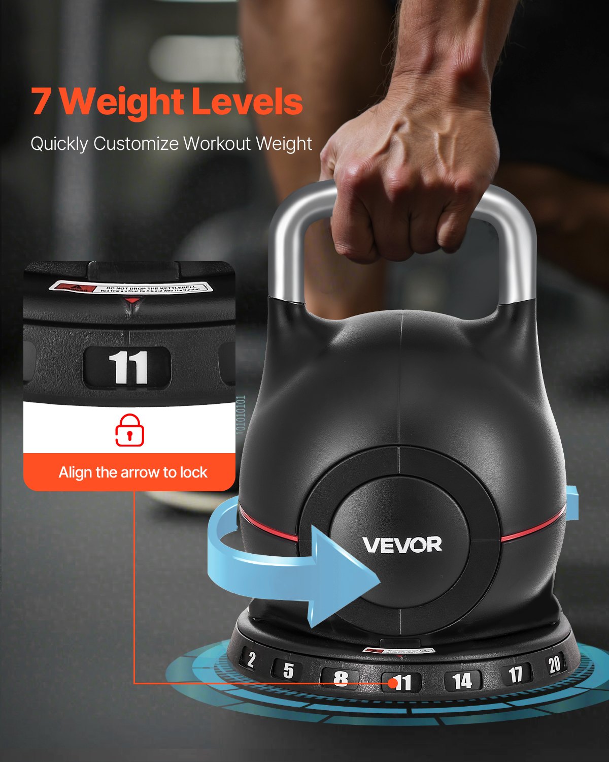 Kettlebell, justerbar kettlebell med 7 viktnivåer (2, 5, 8, 11, 14, 17, 20 kg), gjuten aluminium och hållbart ABS-material, för styrketräning, helkroppsträning och crosstraining