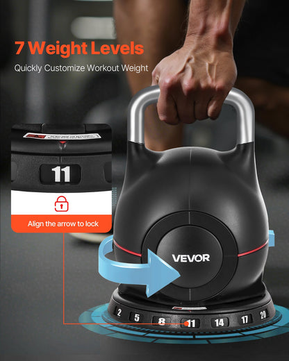Kettlebell, justerbar kettlebell med 7 viktnivåer (2, 5, 8, 11, 14, 17, 20 kg), gjuten aluminium och hållbart ABS-material, för styrketräning, helkroppsträning och crosstraining