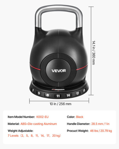 Kettlebell, justerbar kettlebell med 7 viktnivåer (2, 5, 8, 11, 14, 17, 20 kg), gjuten aluminium och hållbart ABS-material, för styrketräning, helkroppsträning och crosstraining