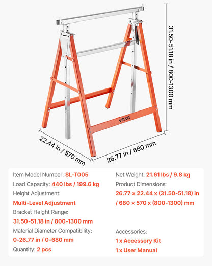 Sågbockar, 2-pack hopfällbara arbetsbockar, 199,6 kg lastkapacitet Sågbock med kraftiga ben, justerbar höjd sågbock med halkfria fotplattor, för träbearbetning, snickare och entreprenörer