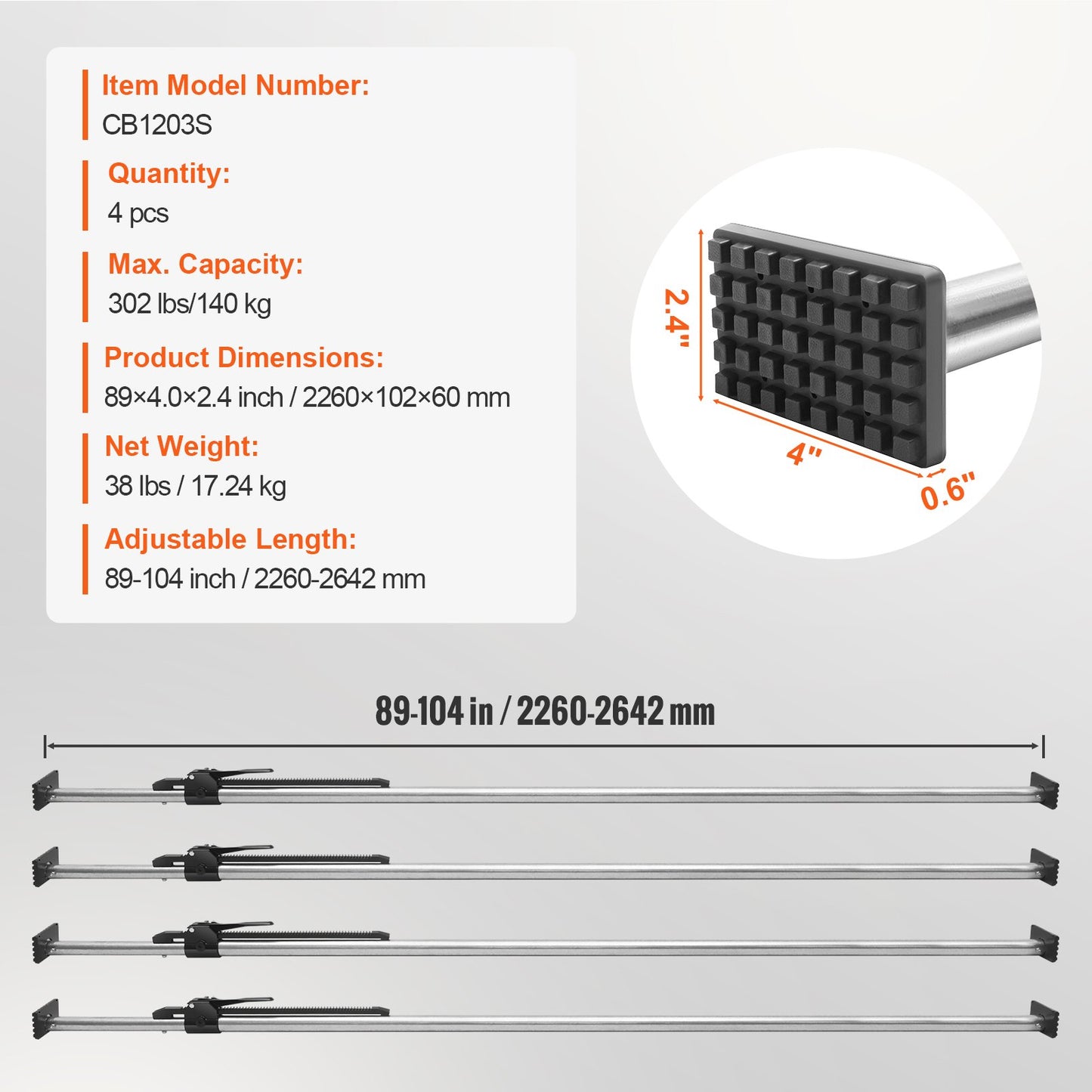 Laststång, spärrlastbar laststång justerbar från 204 cm till 284 cm, kraftig laststabilisator i stål med 140 kg kapacitet, laststång för lastbilsflak, släpvagn, påhängsvagn (4 st)