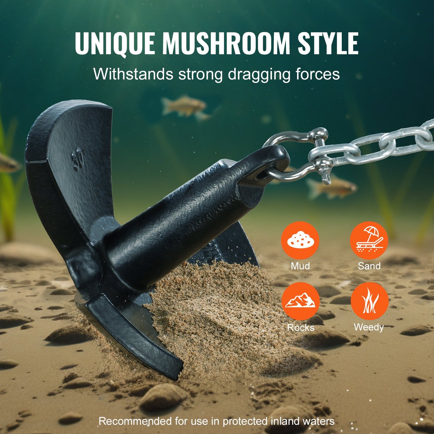 Flodankare, 14,5 kg båtankare i gjutjärn, svart vinylbelagt, marint svampankare för båtar upp till 9 meter, imponerande hållkraft i floder och sjöar på lerbotten