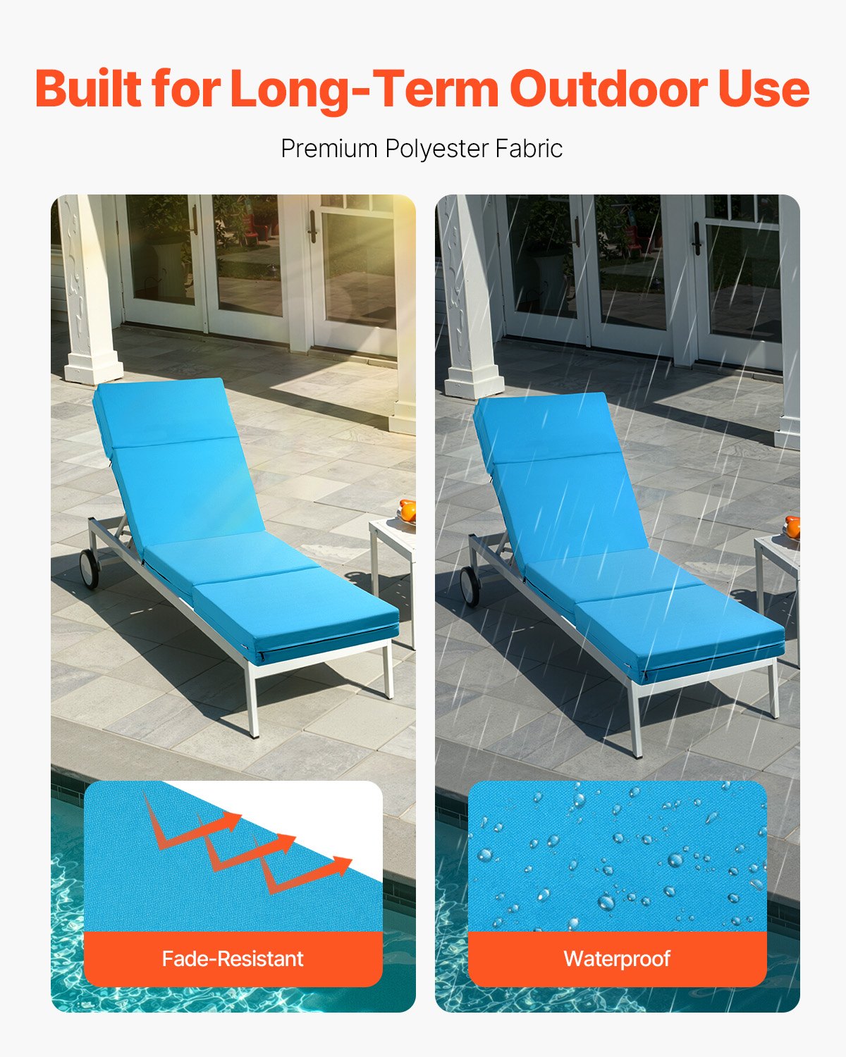 Chaise Lounge Cushion, 183x53.3x9.8 cm, Set of 2 Outdoor Lounge Chair Cushions, Waterproof & Fade-Resistant, Sun Lounger Cushions with Ties, Thick Patio Lounger Pads for Pool Deck, Teal Color