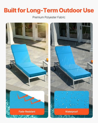 Chaise Lounge Cushion, 183x53.3x9.8 cm, Set of 2 Outdoor Lounge Chair Cushions, Waterproof & Fade-Resistant, Sun Lounger Cushions with Ties, Thick Patio Lounger Pads for Pool Deck, Teal Color