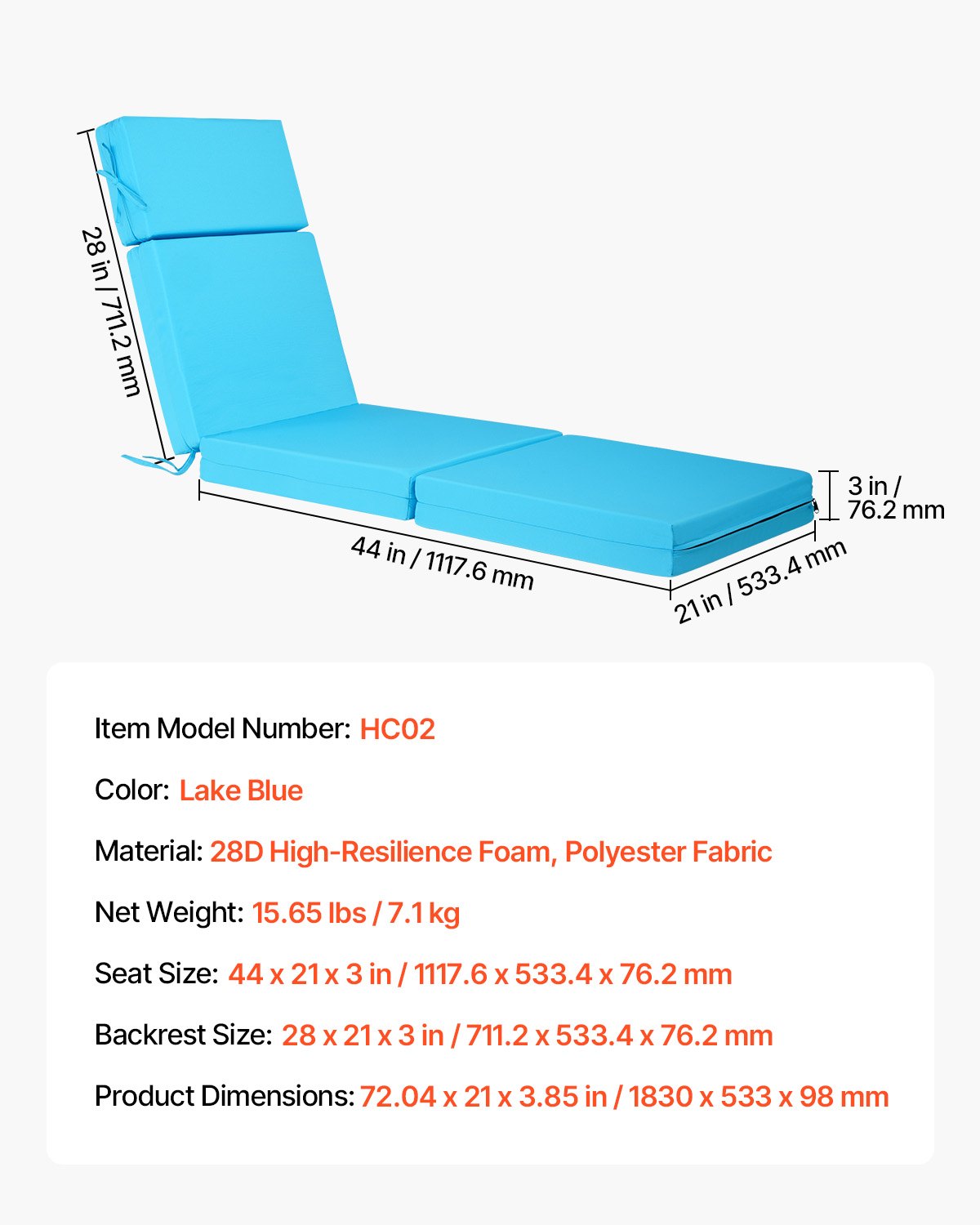 Chaise Lounge Cushion, 183x53.3x9.8 cm, Set of 2 Outdoor Lounge Chair Cushions, Waterproof & Fade-Resistant, Sun Lounger Cushions with Ties, Thick Patio Lounger Pads for Pool Deck, Teal Color