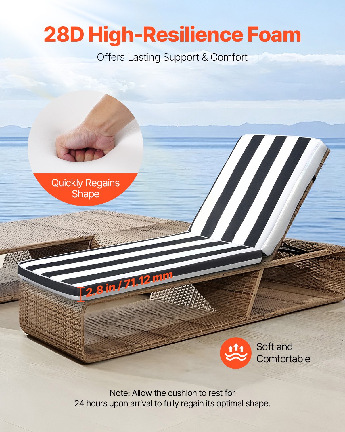 Chaise Lounge Cushion, 89x56x71 cm, Set of 2 Outdoor Lounge Chair Cushions, Waterproof & Fade-Resistant Sun Lounger Cushions with Ties, Patio Lounger Pads for Pool Deck, Black & White Stripes