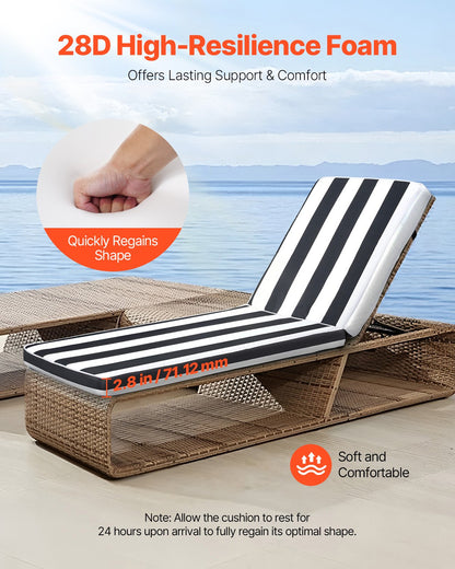 Chaise Lounge Cushion, 89x56x71 cm, Set of 2 Outdoor Lounge Chair Cushions, Waterproof & Fade-Resistant Sun Lounger Cushions with Ties, Patio Lounger Pads for Pool Deck, Black & White Stripes