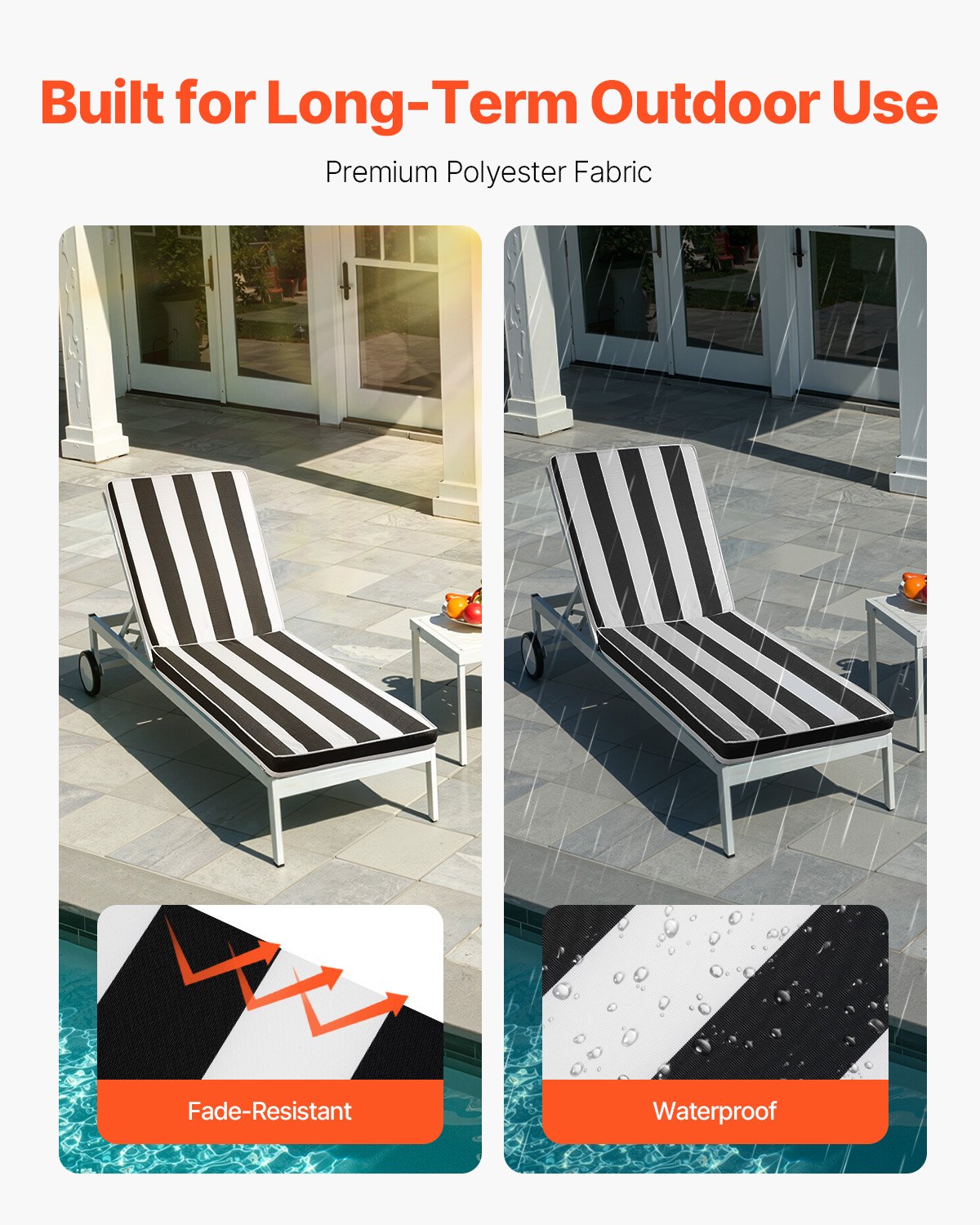 Chaise Lounge Cushion, 89x56x71 cm, Set of 2 Outdoor Lounge Chair Cushions, Waterproof & Fade-Resistant Sun Lounger Cushions with Ties, Patio Lounger Pads for Pool Deck, Black & White Stripes