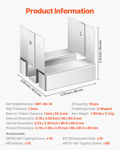 4x4 stolpfäste 10 st, innerstorlek 3,53x3,56 tum/89,6x90,5 mm betongstolpankare, kraftiga stolpfästen i förzinkat kolstål med 2,5 cm avståndshöjd, för betongpergolor och uteplatser