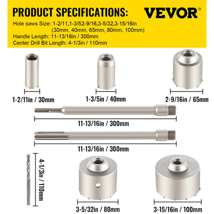 Concrete Hole Saw Kit, 30/40/65/80/100mm Drill Bit Set SDS Plus or SDS Max Shank Wall Hole Cutter with 11.8"/300 mm Connecting Rod for Brick, Concrete, Cement, Stone Wall, Masonry, Tile