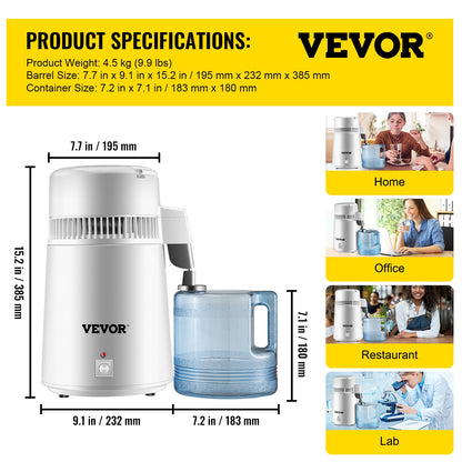 BuoQua Pure Water Distiller 4L Stainless Steel Inner Water Distillation 750W Water Purifier Filter Water Distillers Machine with Collection Bottle for Offices Homes