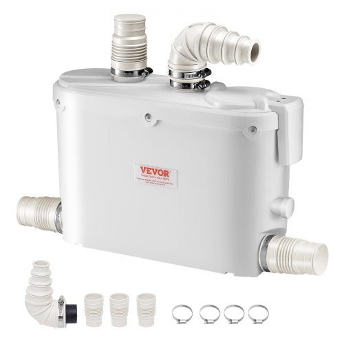 Maceratorpump, 500 W, 110 l/min (29 gpm) flöde, 26 fot/8 m tryck, macerator avloppstoalettpump med 4 vatteninlopp, uppspolningsmaskin för avloppsvattenhantering för kök, källare, dusch, handfat, tvättstuga, badkar