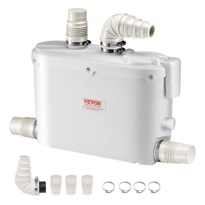 Maceratorpump, 500 W, 110 l/min (29 gpm) flöde, 26 fot/8 m tryck, macerator avloppstoalettpump med 4 vatteninlopp, uppspolningsmaskin för avloppsvattenhantering för kök, källare, dusch, handfat, tvättstuga, badkar