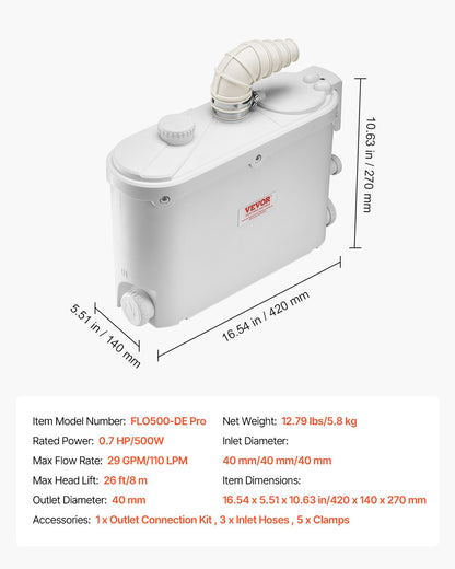 Maceratorpump, 500 W, 110 l/min (29 gpm) flöde, 26 fot/8 m tryck, macerator avloppstoalettpump med 4 vatteninlopp, uppspolningsmaskin för avloppsvattenhantering för kök, källare, dusch, handfat, tvättstuga, badkar