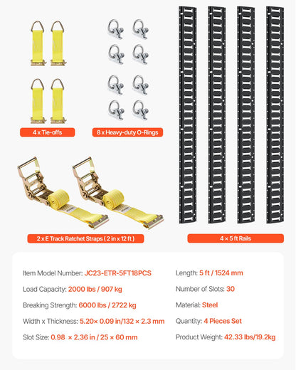 Sats med fastspänningsskenor för E-spår, 18 delar, 1,5 m E-spår, innehåller 4 stålskenor och 8 O-ringsankare och 4 fastspänningsfästen med D-ring och 2 spärrremmar, säkringstillbehör för lastmotorcyklar och cyklar, 900 kg
