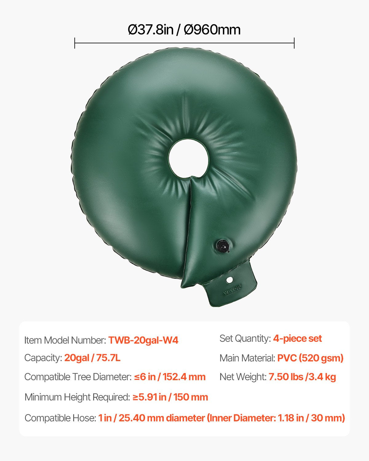 Trädbevattningsringar, 4 st. 20 gallons trädbevattningspåsar, 6-9 timmars långsam frisättning, påfyllningsbara planteringsvattenpåsar, vattenbesparande, kraftigt bevattningssystem för droppbevattning av buskträdrötter