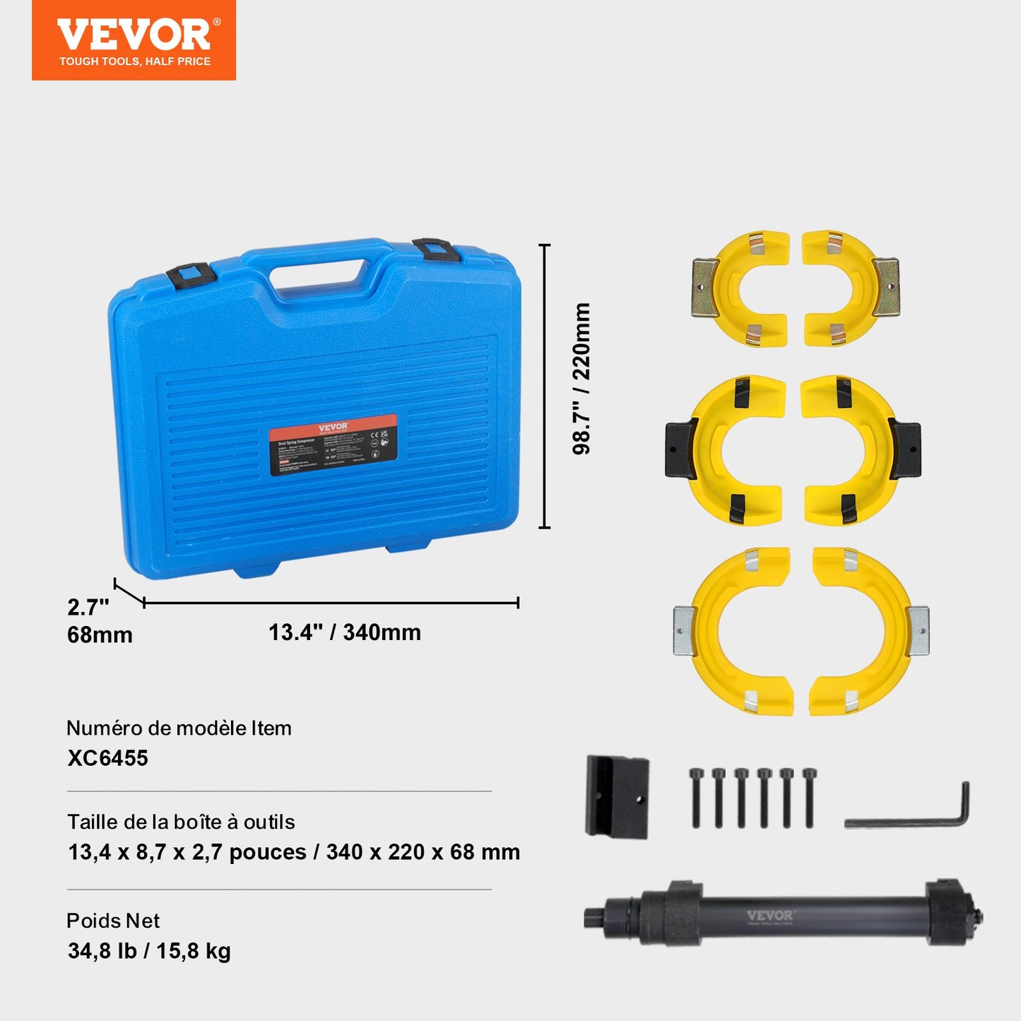 Fjäderbenskompressorsats, Macpherson fjäderbenskompressorsats, utbytbart gaffelfjäderbensspoleavdragare, med gul skyddshylsa och bärväska