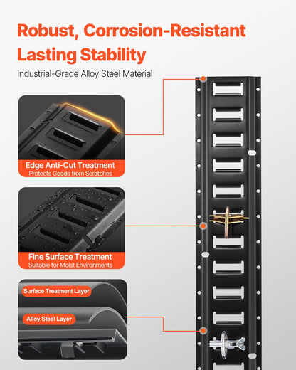 Sats med fastspänningsskenor för E-spår, 18 delar 152,4 cm E-spår. Set innehåller 4 stålskenor och 2 enkelspår och 6 O-ringar och 4 fastspänningsfästen med D-ring och 2 spärrremmar. Säkringstillbehör för lastmotorcyklar och cyklar.