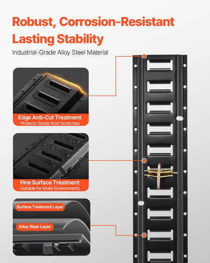 Sats med fastspänningsskenor för E-spår, 30 delar 152,4 cm E-spår. Innehåller 4 stålskenor och 2 enkelspår och 8 O-ringar och 8 fastspänningspunkter med D-ring och 8 ändkåpor, säkringstillbehör för last, motorcyklar och cyklar.