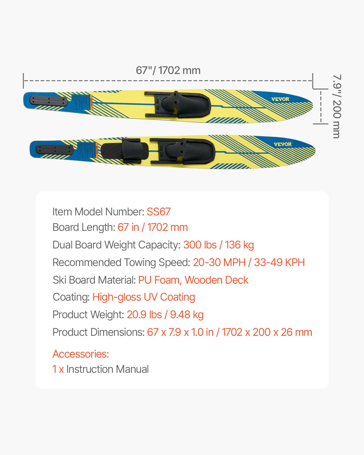 Vattenskidor 170,2 cm / 67 tum, Vattenskida med X-9 justerbara hästskobindningar och vadderad bakre tåplatta, högblank UV-beläggning, vattenskidkombination för vuxna upp till 136 kg