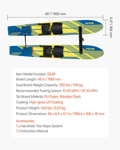 Vattenskidor 116,8 cm / 46 tum, Vattenskidtränare med X-7 justerbara bindningar, dubbelhandtagsrep och avtagbar stabiliseringsstång, Träningsvattenskidkombination för ungdomar upp till 136 kg
