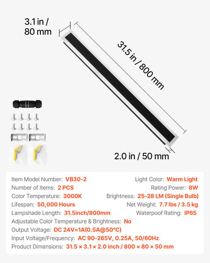 Utomhusvägglampor, 2-pack, 800 mm långa listiga moderna vägglampor för utomhusbruk, 3000K varmvit, IP65 vattentät rostfri utomhusbelysning, för hus, veranda, garage