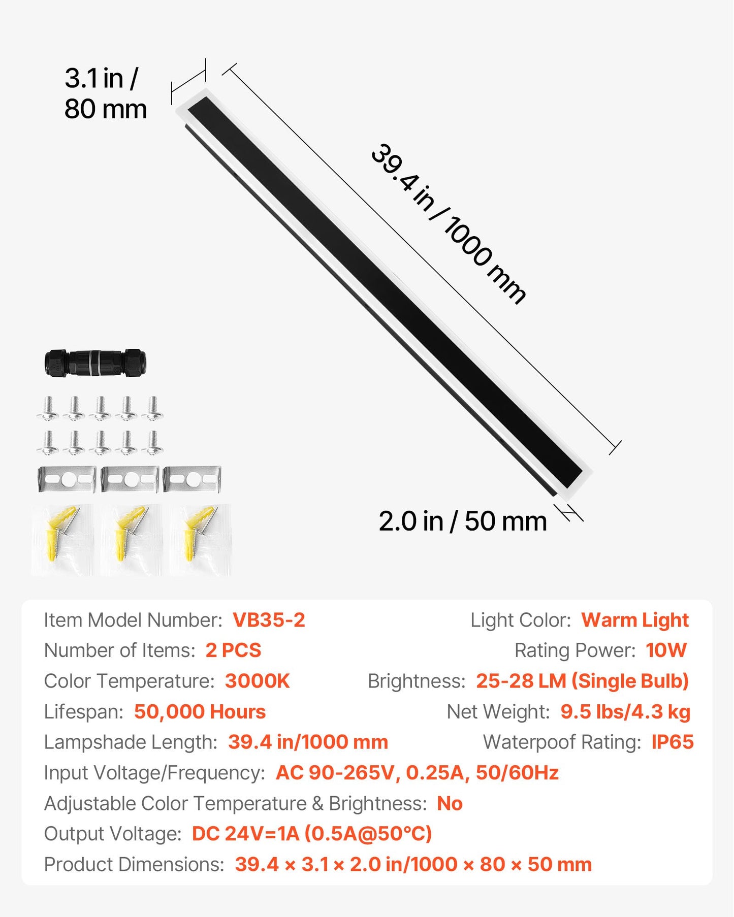 Utomhusvägglampor, 2-pack, 1000 mm långa listiga moderna vägglampor för utomhusbruk, 3000K varmvit, IP65 vattentät rostfri utomhusbelysning, för hus, veranda, garage