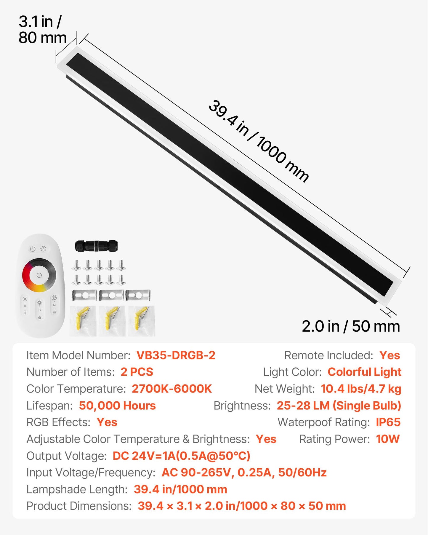 Utomhusvägglampor, 2-pack, 1000 mm långa RGB moderna vägglampor för utomhusbruk, 2700K-6000K, IP65 vattentät rostskyddsklass, dimbar utomhusbelysning för väggmontering, för veranda, garage