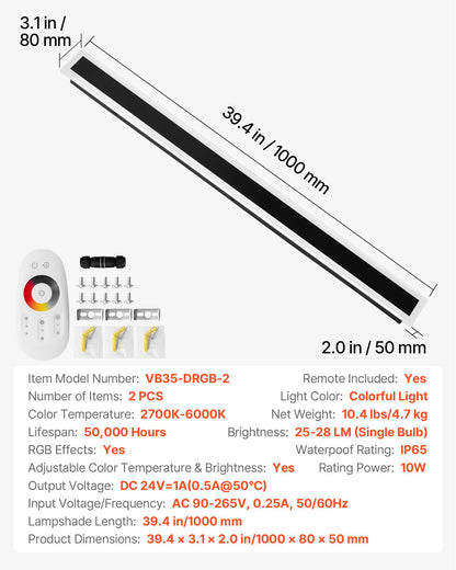 Utomhusvägglampor, 2-pack, 1000 mm långa RGB moderna vägglampor för utomhusbruk, 2700K-6000K, IP65 vattentät rostskyddsklass, dimbar utomhusbelysning för väggmontering, för veranda, garage