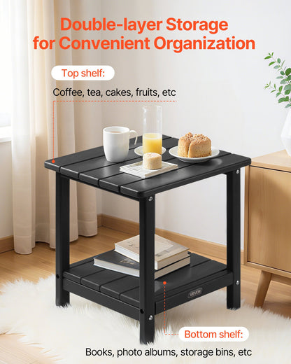 Outdoor Side Table, 450W x 380D x 440H mm, Double Layer HDPE Outside End Table for Easy Maintenance, Withstand Harsh Weather, Fit for Patio, Pool, Beach, Porch, Indoor, Backyard, Black
